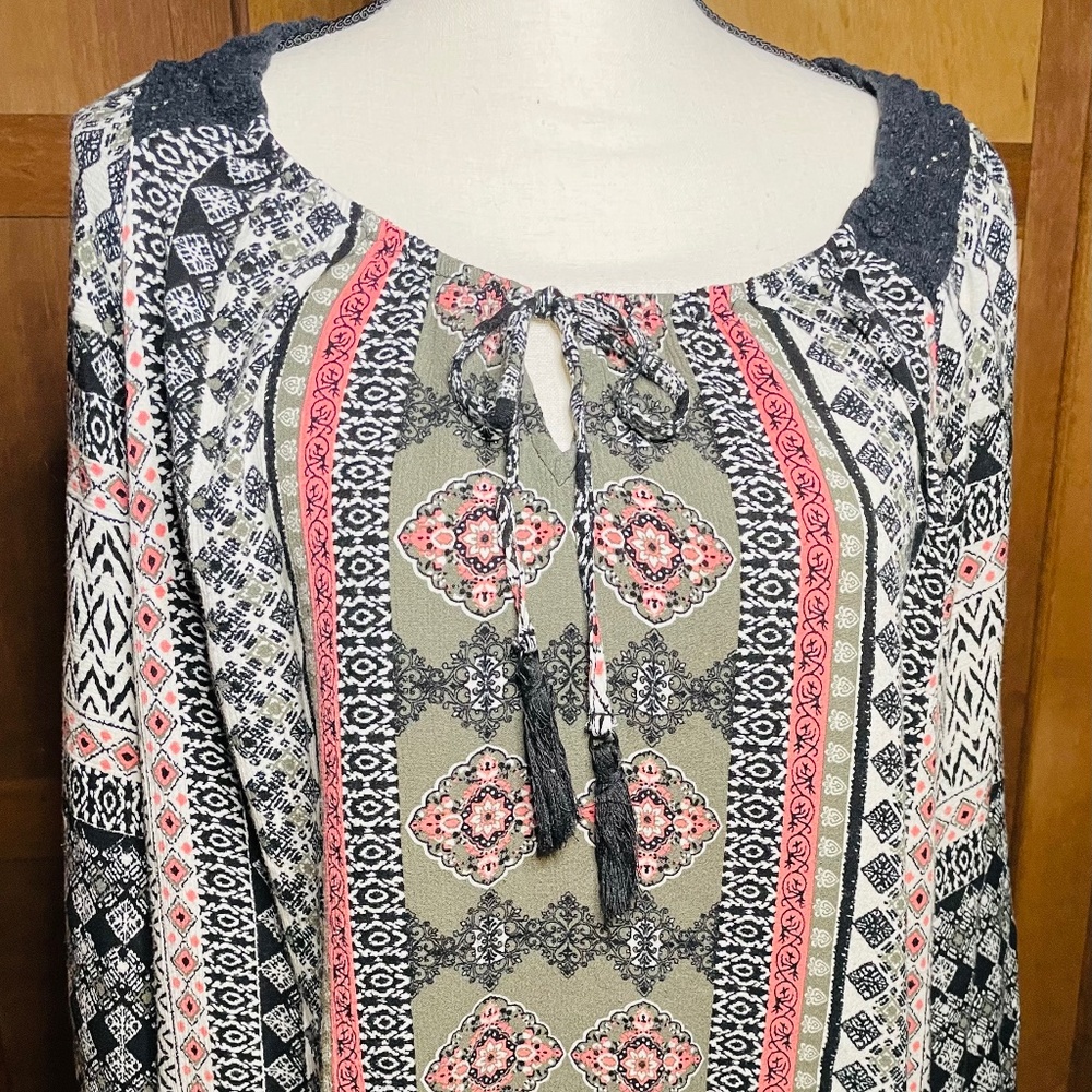Dress Barn Peasant Blouse - Olive, Black and Pink - Sz. 1X